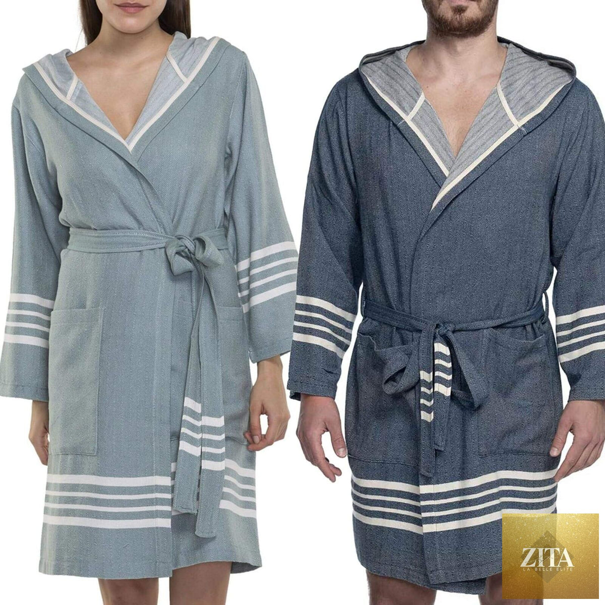 Organic Turkish cotton short bathrobe with hood by Zita La Belle Elite, lightweight Turkish towel robe for comfortable wear.