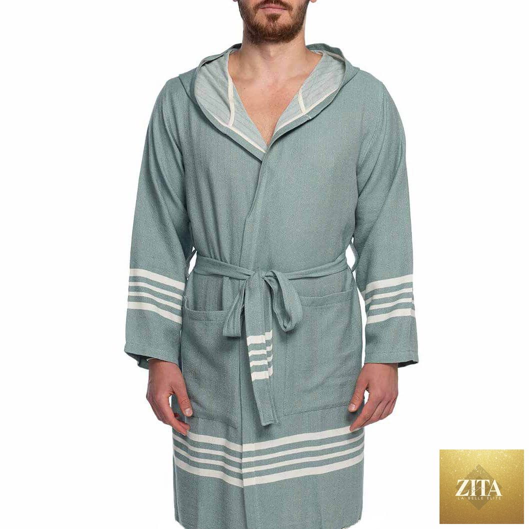 Turkish towel bathrobe with hood from Zita La Belle Elite, lightweight organic Turkish cotton, ideal for comfortable lounging.
