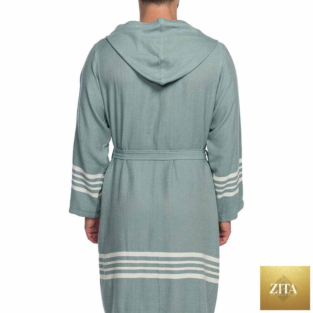 Lightweight organic Turkish cotton short bathrobe with hood by Zita La Belle Elite, featuring a soft, absorbent Turkish towel fabric.