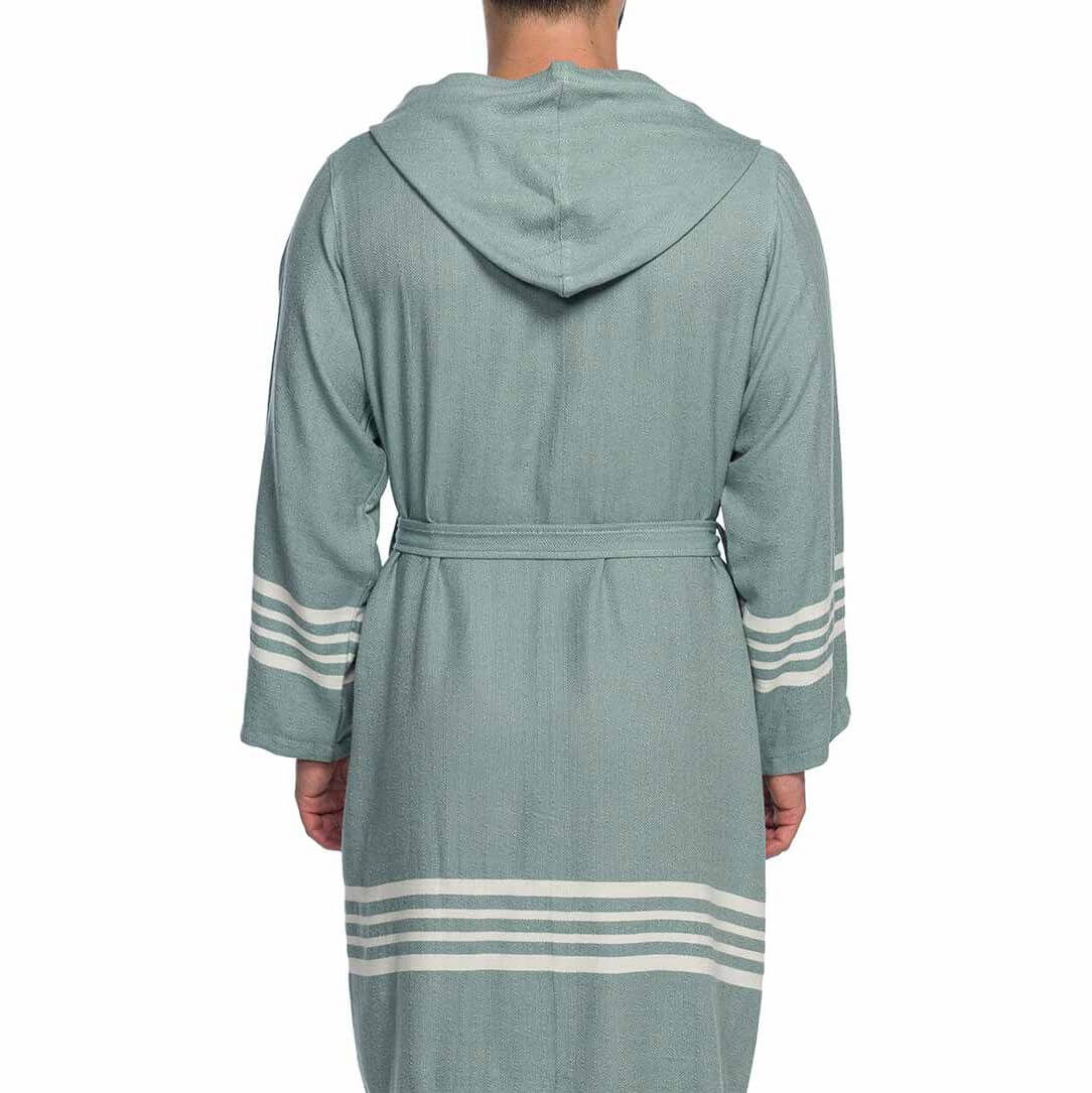 Organic Turkish cotton short bathrobe with hood by buldano, lightweight Turkish towel robe for men, shown hanging on a hook.