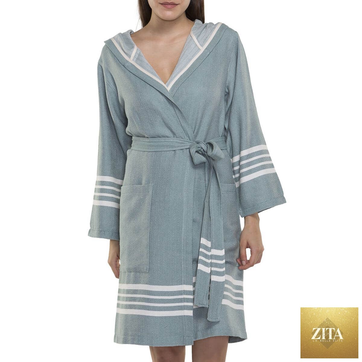 Lightweight organic Turkish cotton bathrobe with hood by Zita La Belle Elite, featuring a soft, absorbent Turkish towel design for women.