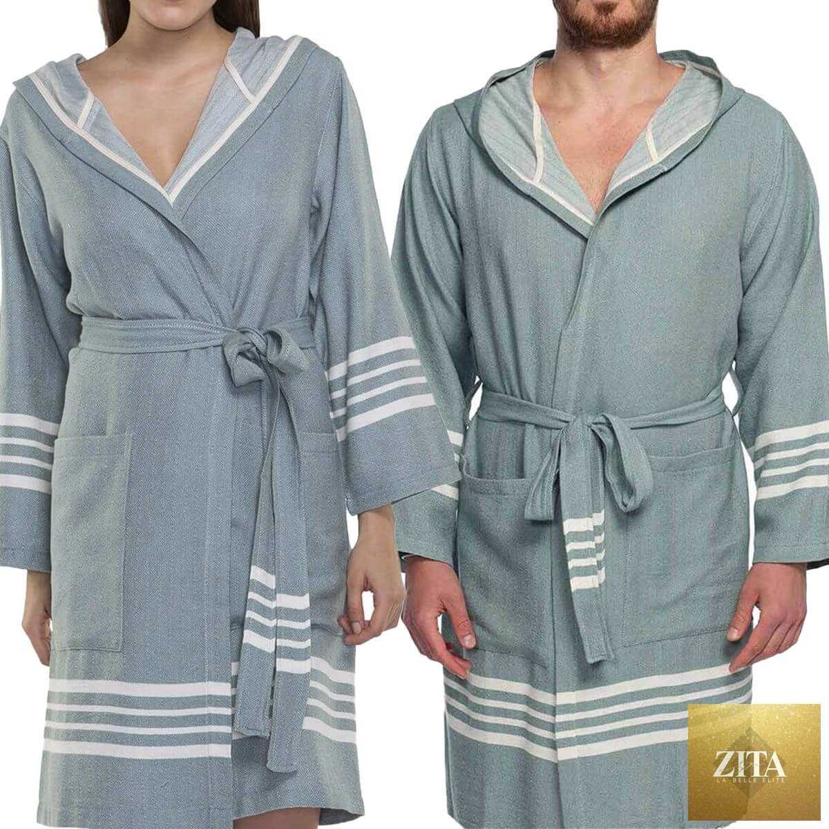 Organic Turkish cotton short bathrobe with hood by Zita La Belle Elite, lightweight Turkish towel in green, shown folded and hanging.