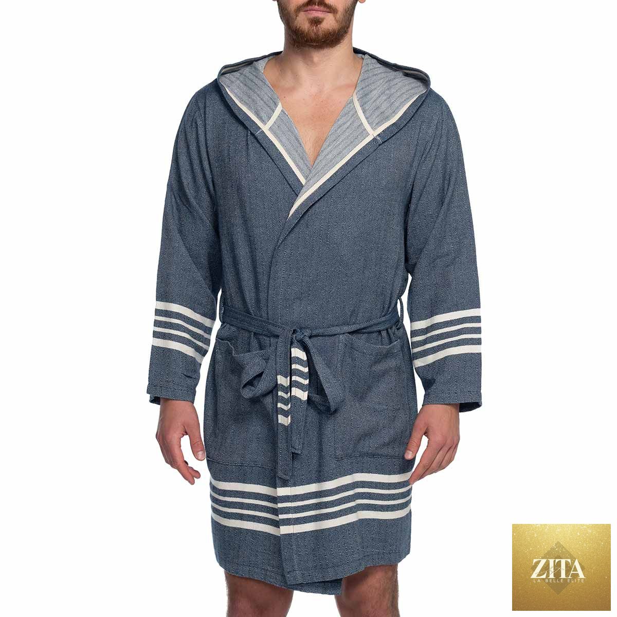 Navy men's organic Turkish cotton short bathrobe with hood, lightweight Turkish towel by Zita La Belle Elite, showing soft fabric and hood detail.