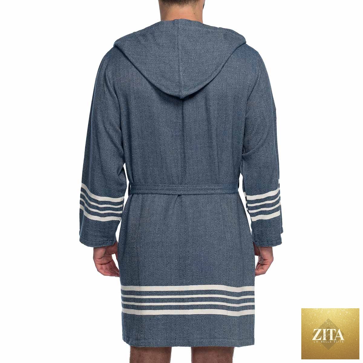 Navy blue men's organic Turkish cotton short bathrobe with hood, lightweight Turkish towel by Zita La Belle Elite.