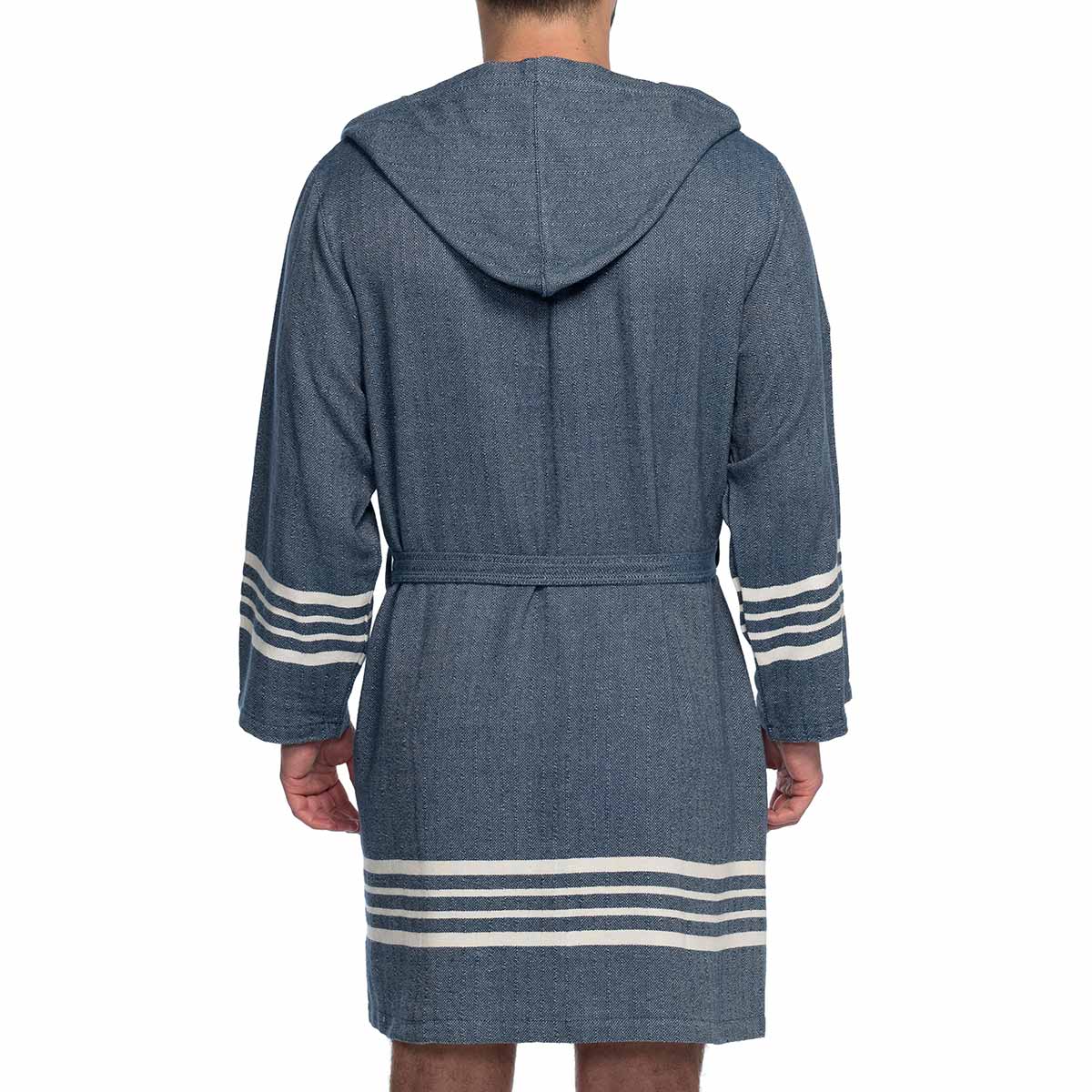 Navy blue organic Turkish cotton short bathrobe with hood, lightweight Turkish towel style by buldano, suitable for men.