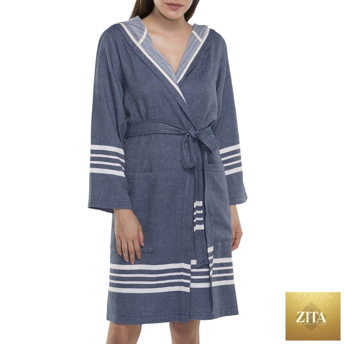 Navy organic Turkish cotton short bathrobe with hood by Zita La Belle Elite, lightweight and soft for women.