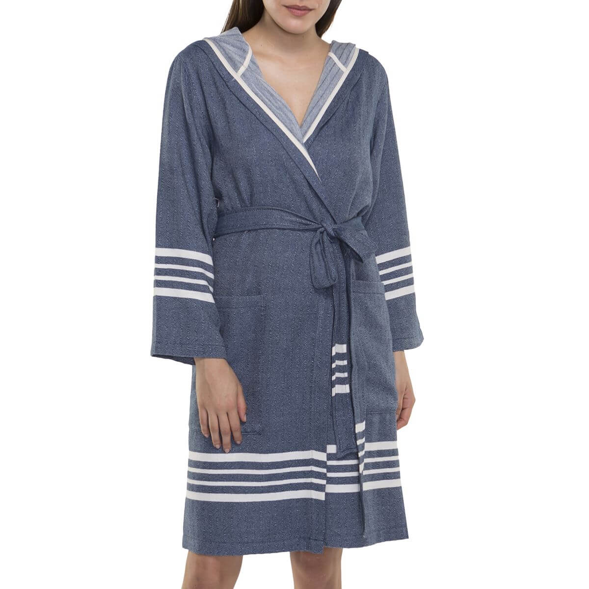 Navy organic Turkish cotton short bathrobe with hood for women, lightweight Turkish towel by buldano, soft and absorbent.
