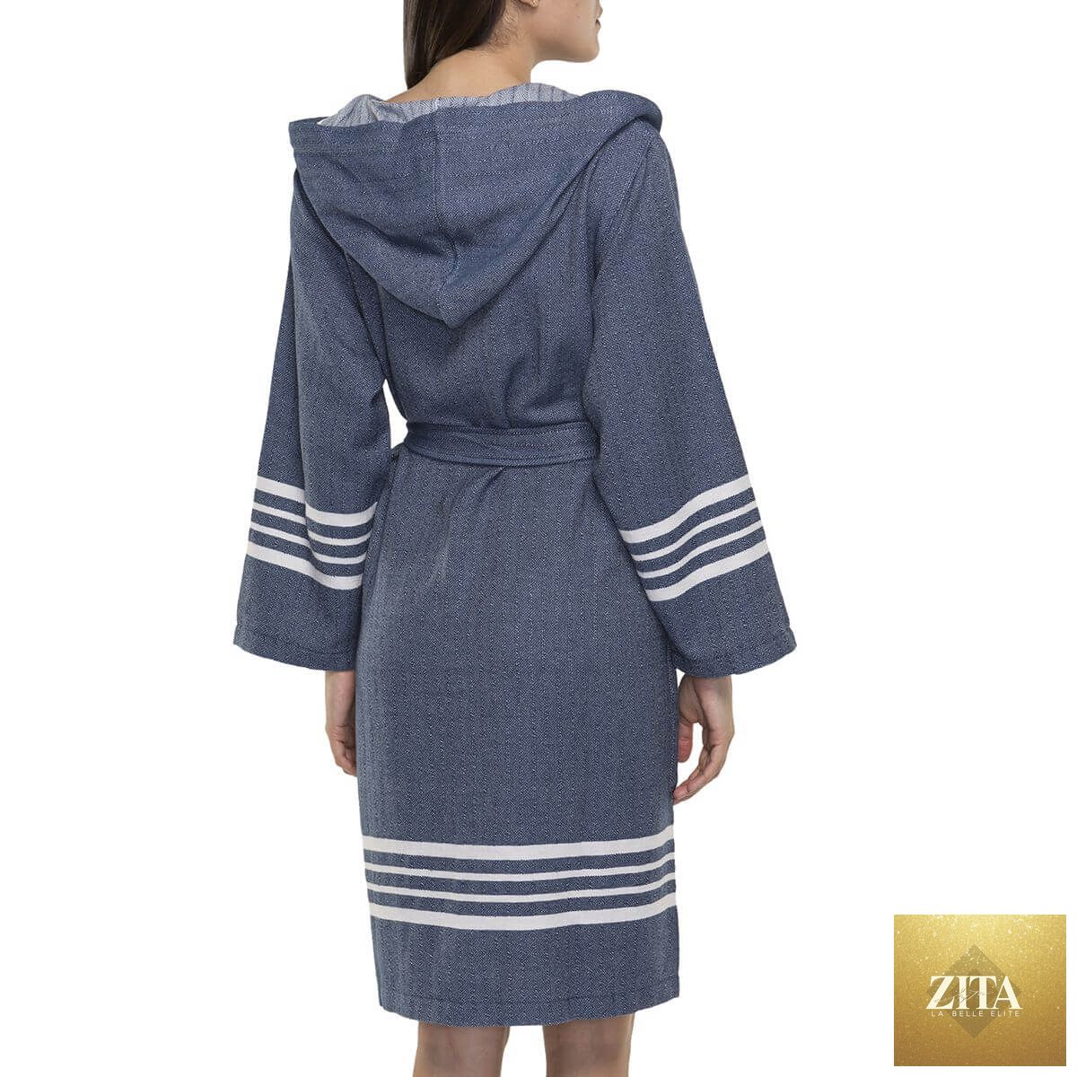 Navy organic Turkish cotton short bathrobe with hood, lightweight Turkish towel by Zita La Belle Elite, ideal for lounging or spa use.