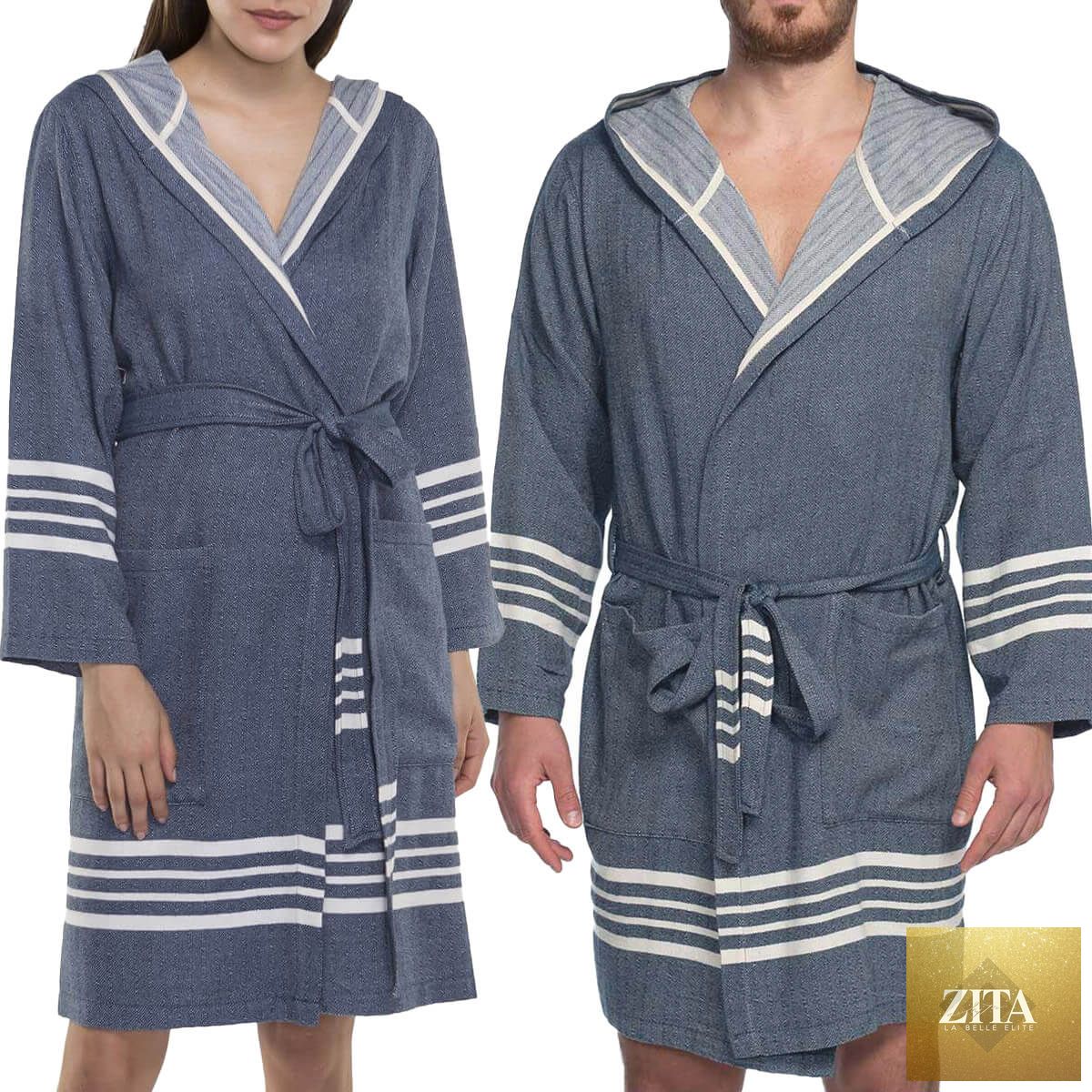 Navy organic Turkish cotton short bathrobe with hood from Zita La Belle Elite, lightweight and soft, hanging open to show fabric texture.
