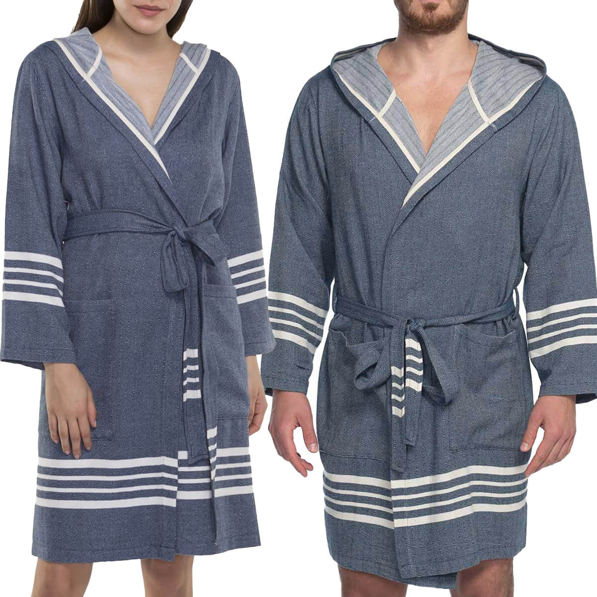 Navy organic Turkish cotton short bathrobe with hood by buldano, lightweight and soft, displayed on a hanger.