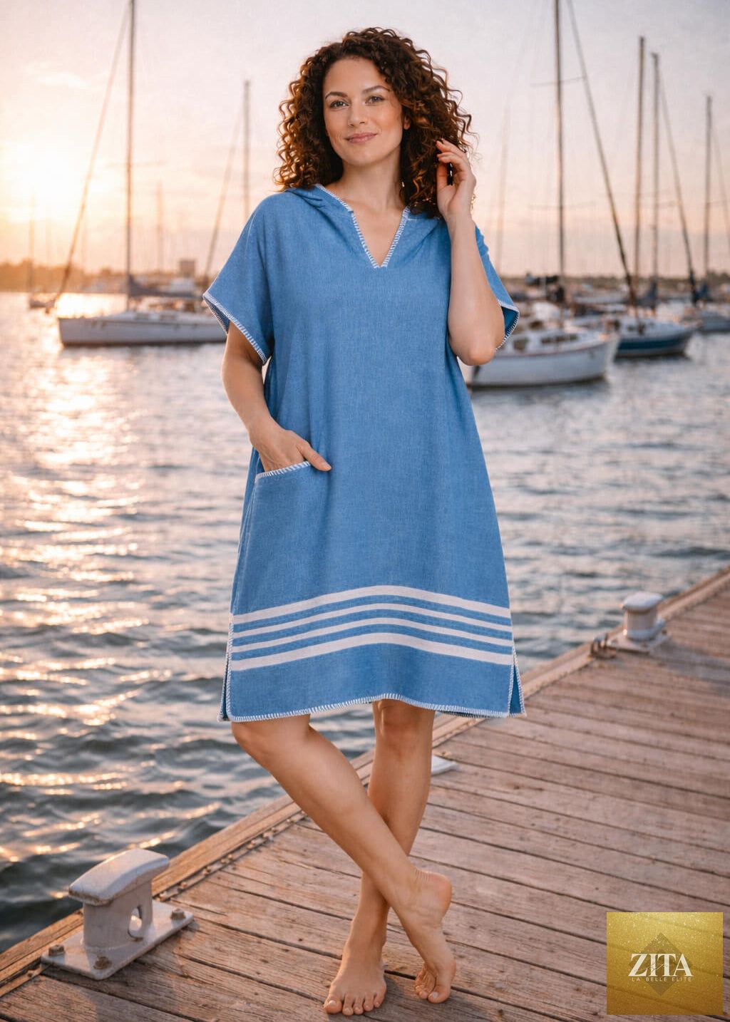 Zita La Belle Elite green hooded beach cover-up poncho with flowing design and lightweight fabric, perfect for seaside wear.