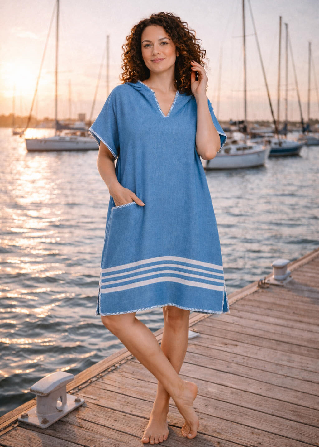 Green buldano beach cover-up poncho with hood, lightweight and comfortable for seaside wear, showing fabric and hood detail.