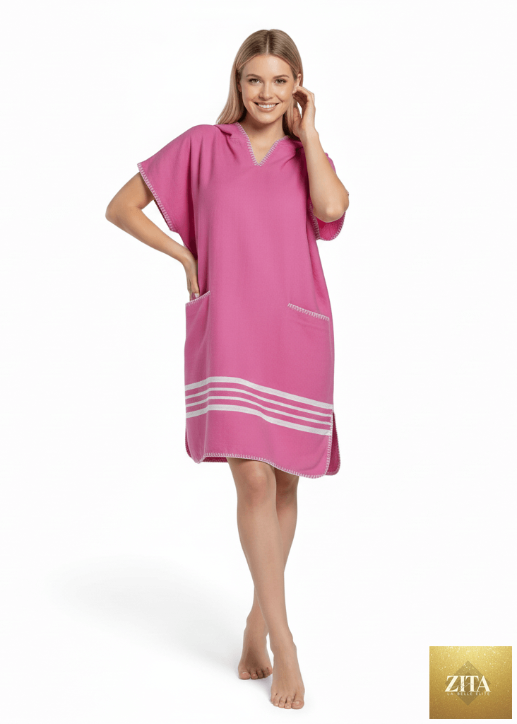 Fuchsia Zita La Belle Elite beach cover-up poncho with hood, lightweight and stylish for beach or poolside wear.