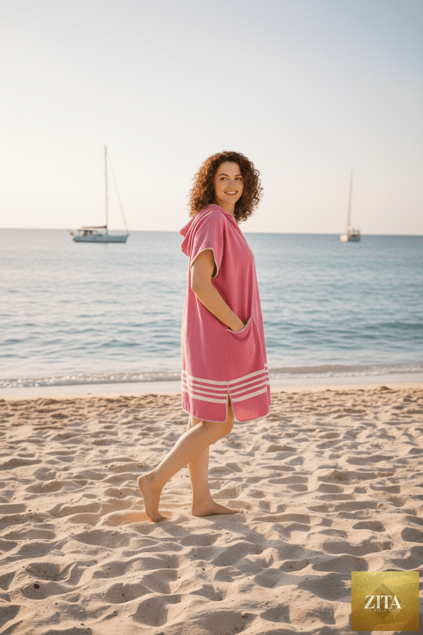 Fuschia buldano beach cover-up poncho with hood, lightweight and casual, perfect for relaxing by the pool or beach.