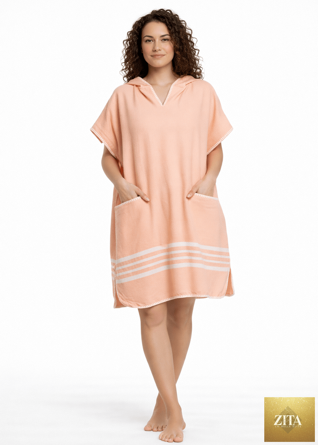 Zita La Belle Elite beach cover-up poncho with hood in melon color, lightweight fabric, casual style for beach or poolside wear.