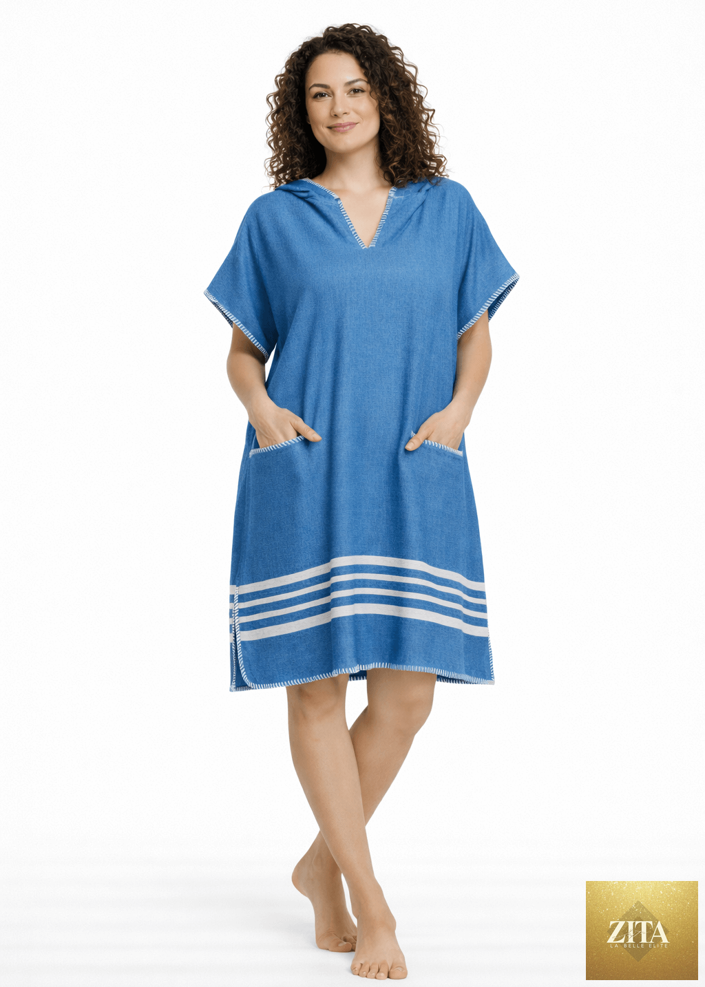 Petrol blue Zita La Belle Elite beach cover-up poncho with hood, lightweight and stylish for seaside or poolside wear.