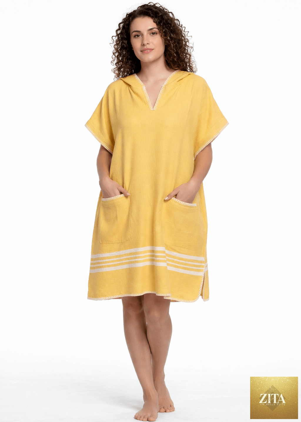 Yellow Zita La Belle Elite beach cover-up poncho with hood, lightweight and stylish for beach or poolside wear.