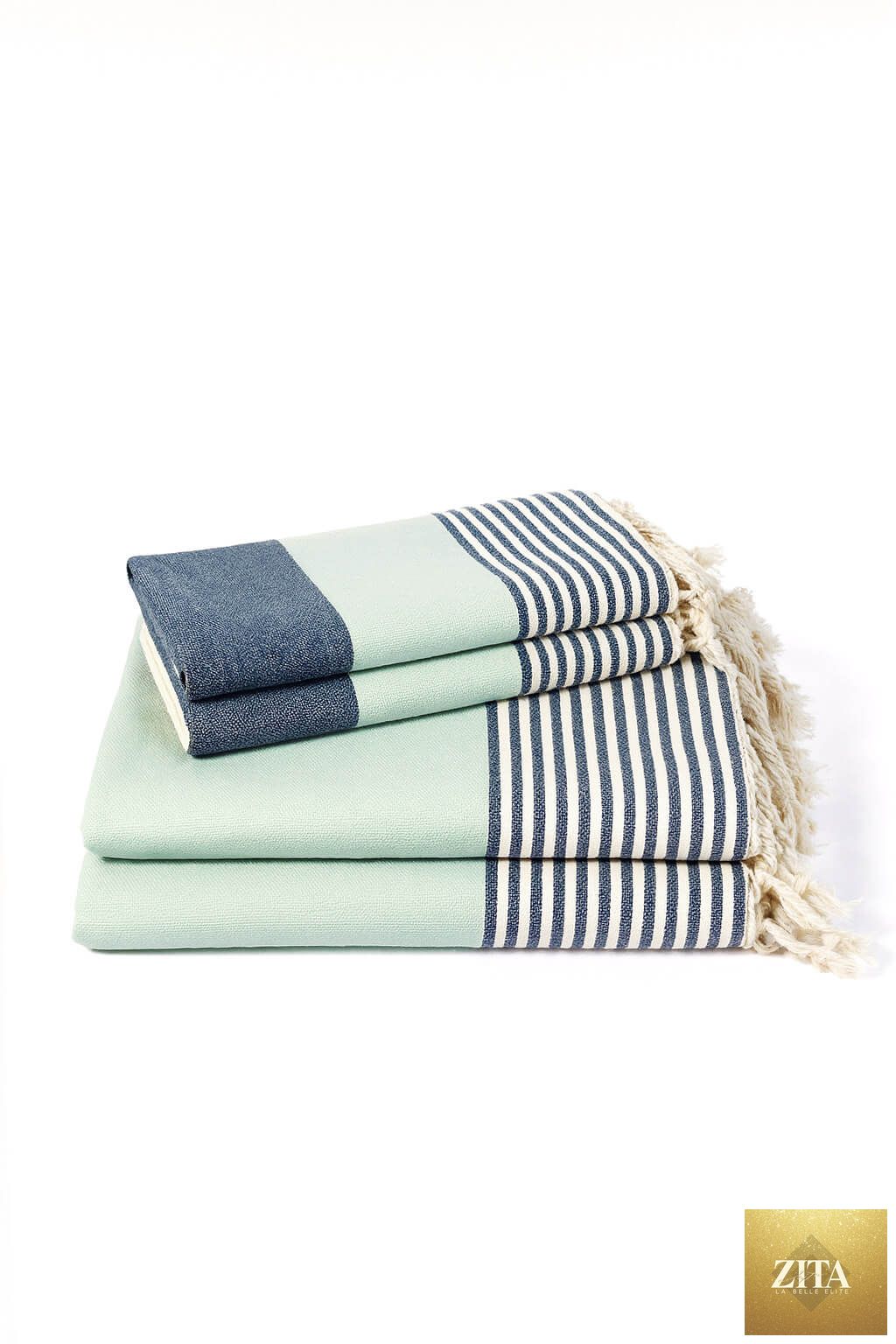 Turkish towel bundle by Zita La Belle Elite with navy, mint, and multi-color striped Turkish towels for beach or spa use.