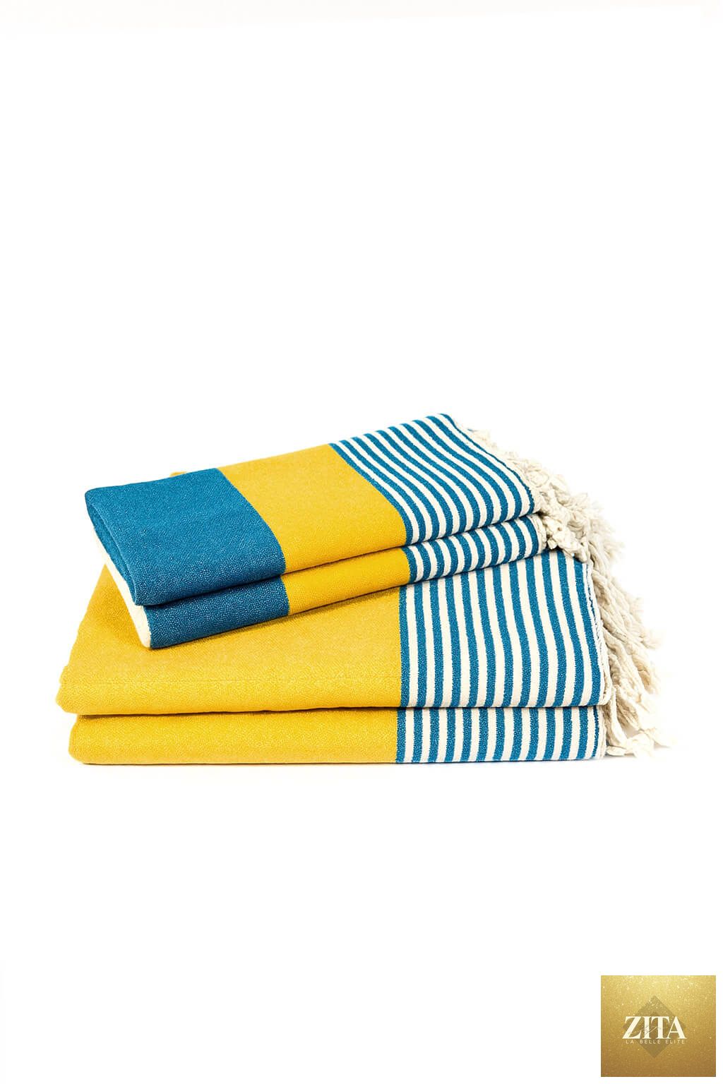 Multi-color Turkish towel bundle by Zita La Belle Elite, featuring vibrant petrol blue and yellow woven Turkish towels.