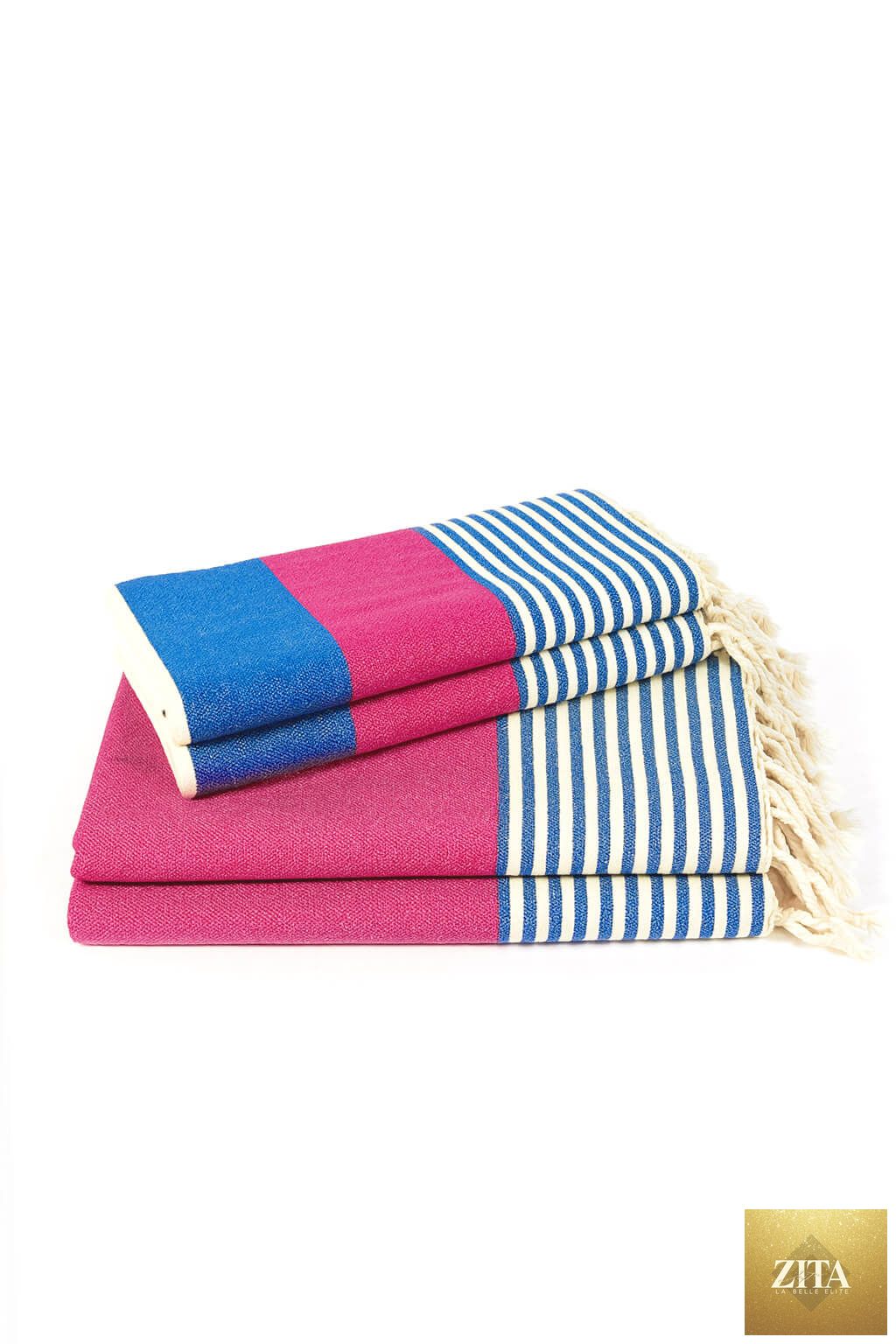 Multi-color Turkish towel bundle from Zita La Belle Elite featuring vibrant royal blue and fuchsia Turkish towels.