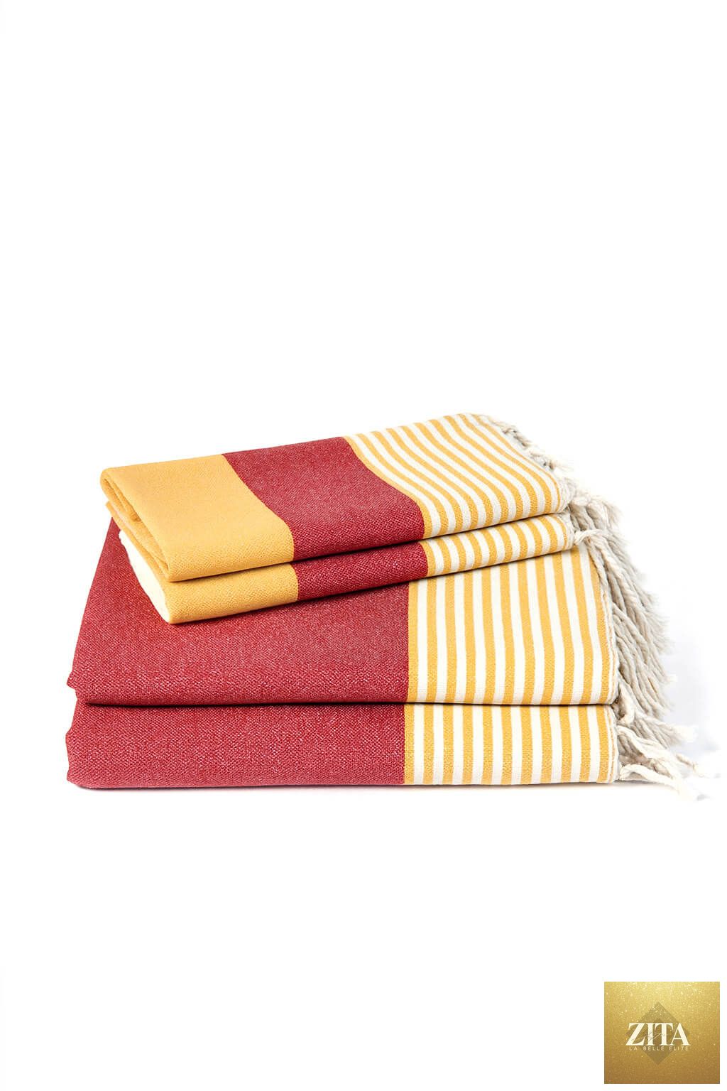 Multi-color Turkish towel bundle by Zita La Belle Elite featuring yellow and burgundy striped Turkish towels.