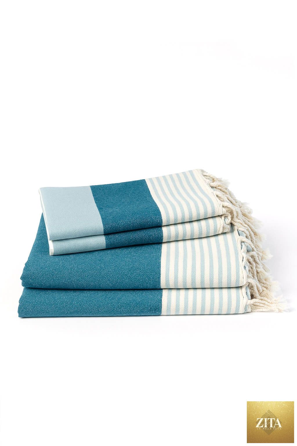 Multi-color Turkish towel bundle by Zita La Belle Elite, featuring light blue and petrol blue Turkish towels with vibrant woven patterns.