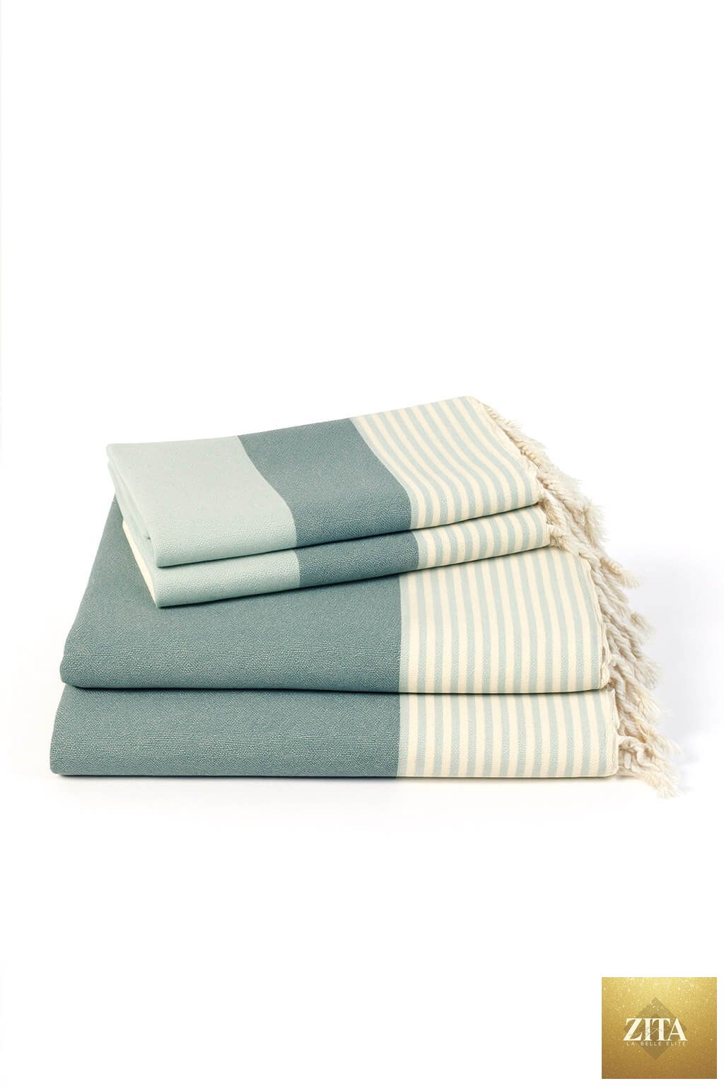Multi-color Turkish towel bundle by Zita La Belle Elite featuring mint and almond green Turkish towels with vibrant stripes.