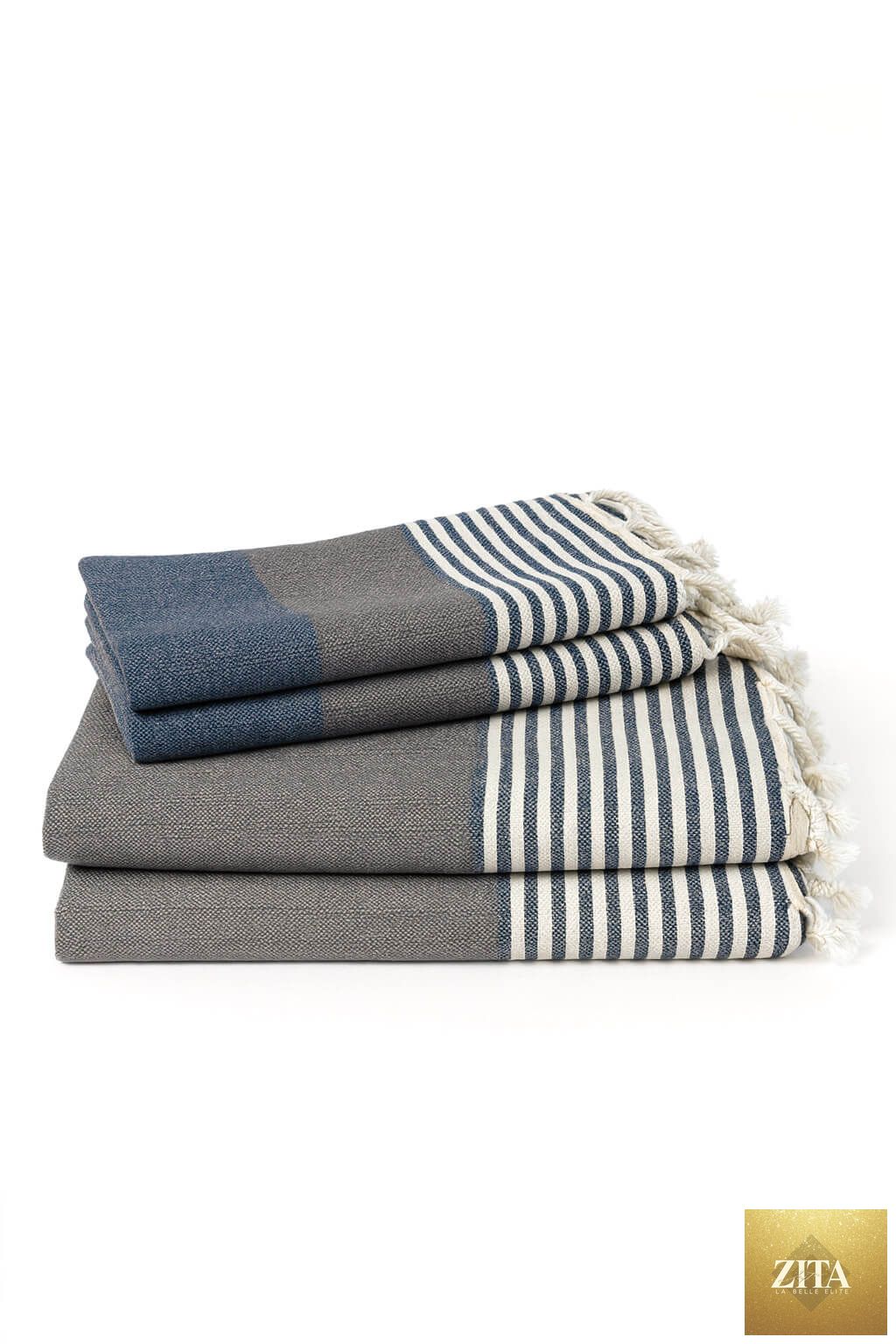 Multi-color Turkish towel bundle by Zita La Belle Elite featuring navy, dark grey, and vibrant striped Turkish towels.