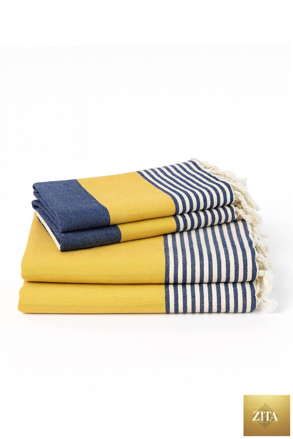 Multi-color Turkish towel bundle by Zita La Belle Elite featuring navy and yellow striped Turkish towels.