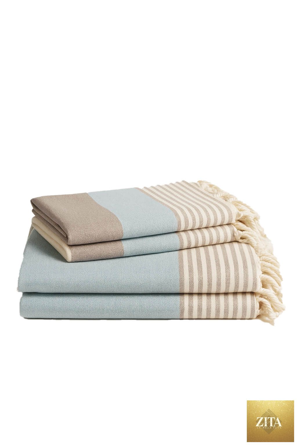 Turkish towel bundle by Zita La Belle Elite featuring multi-color Turkish towels in taupe and light blue with soft, woven texture