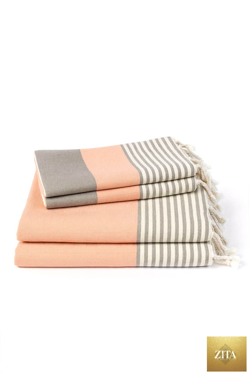 Multi-color Turkish towel bundle from Zita La Belle Elite featuring taupe and melon striped Turkish towels.