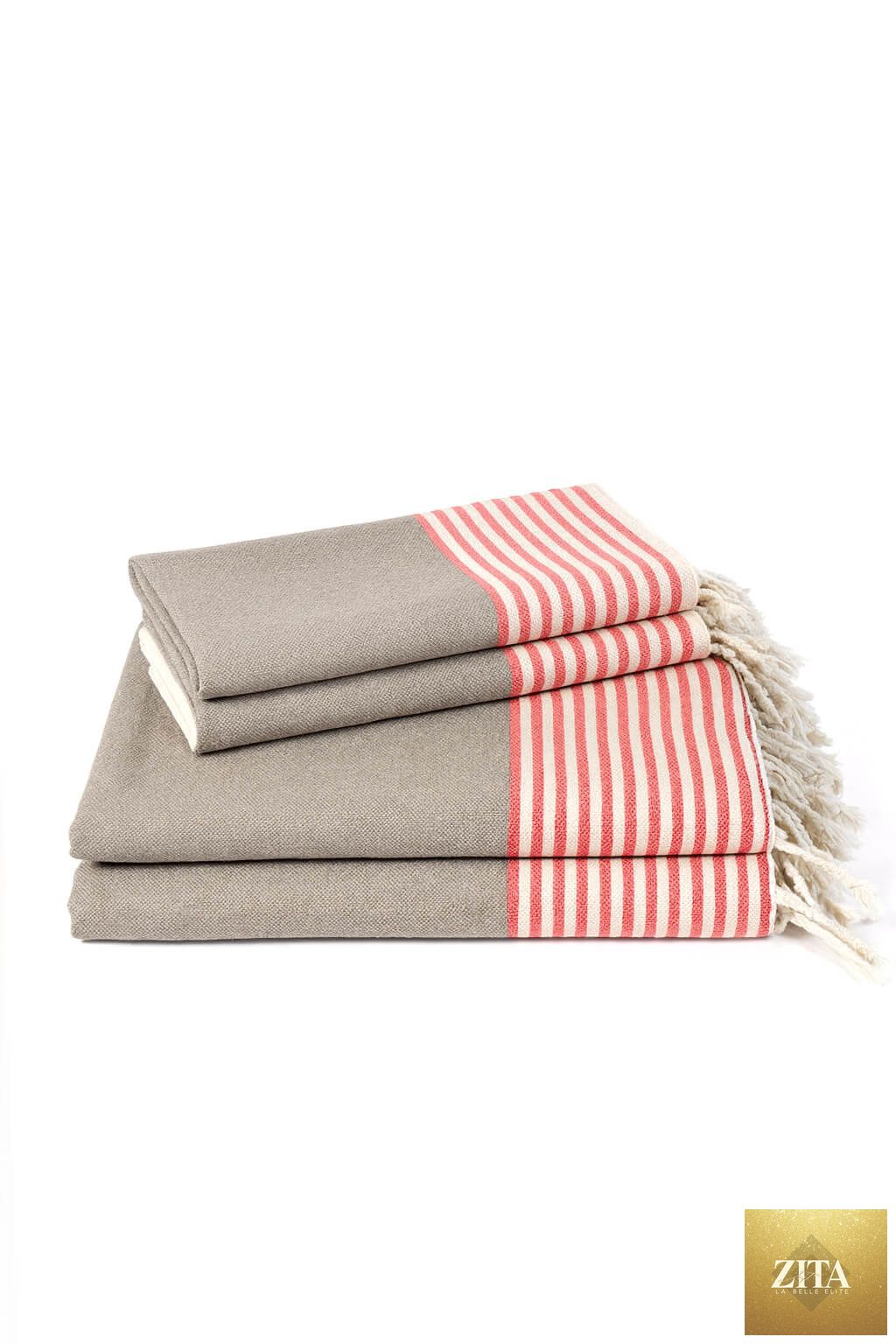 Multi-color Turkish towel bundle by Zita La Belle Elite, featuring taupe and red woven Turkish towels on a display.