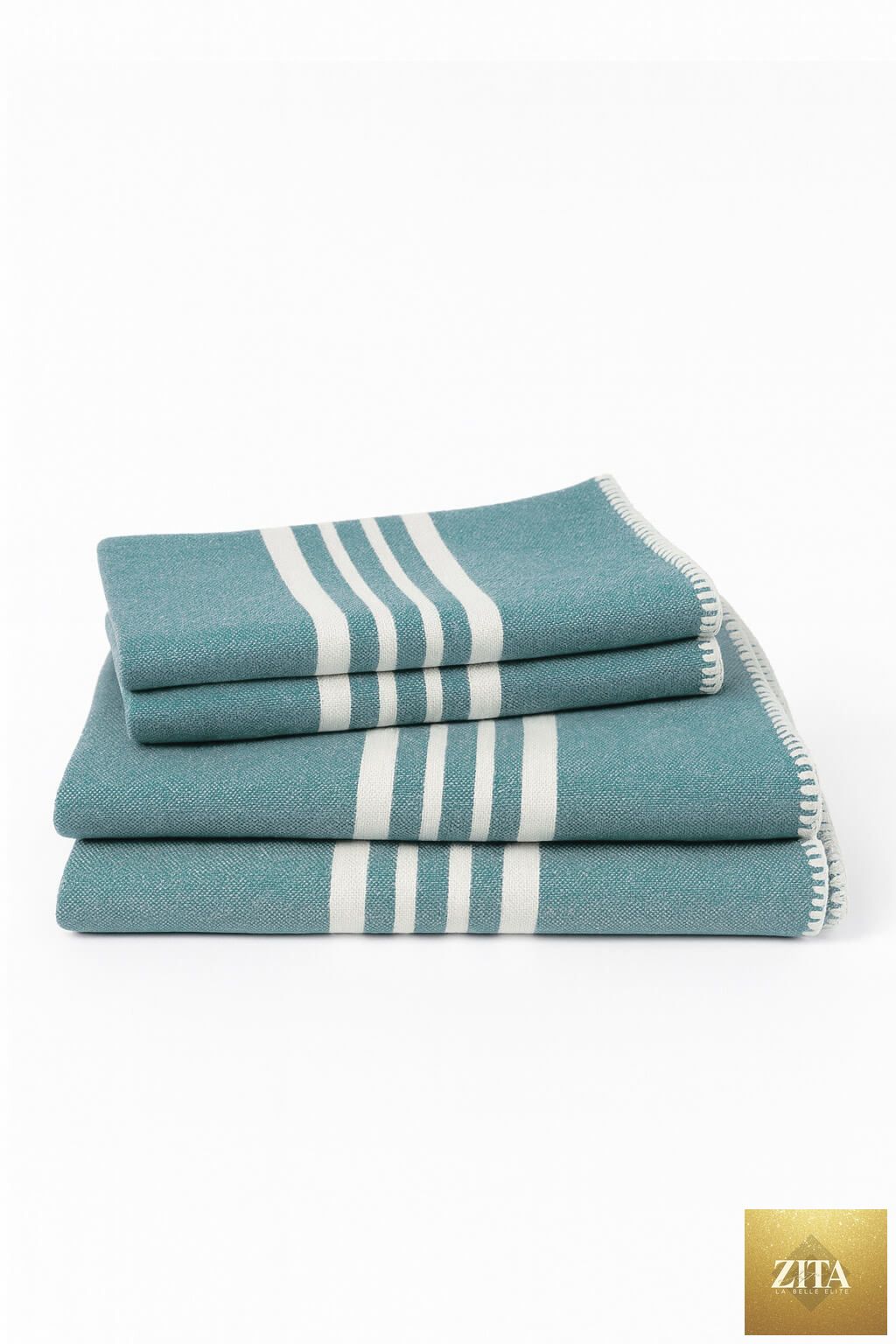 Bundle of Zita La Belle Elite Turkish Farm House towels in almond green, featuring a soft, textured Turkish towel without fringe.