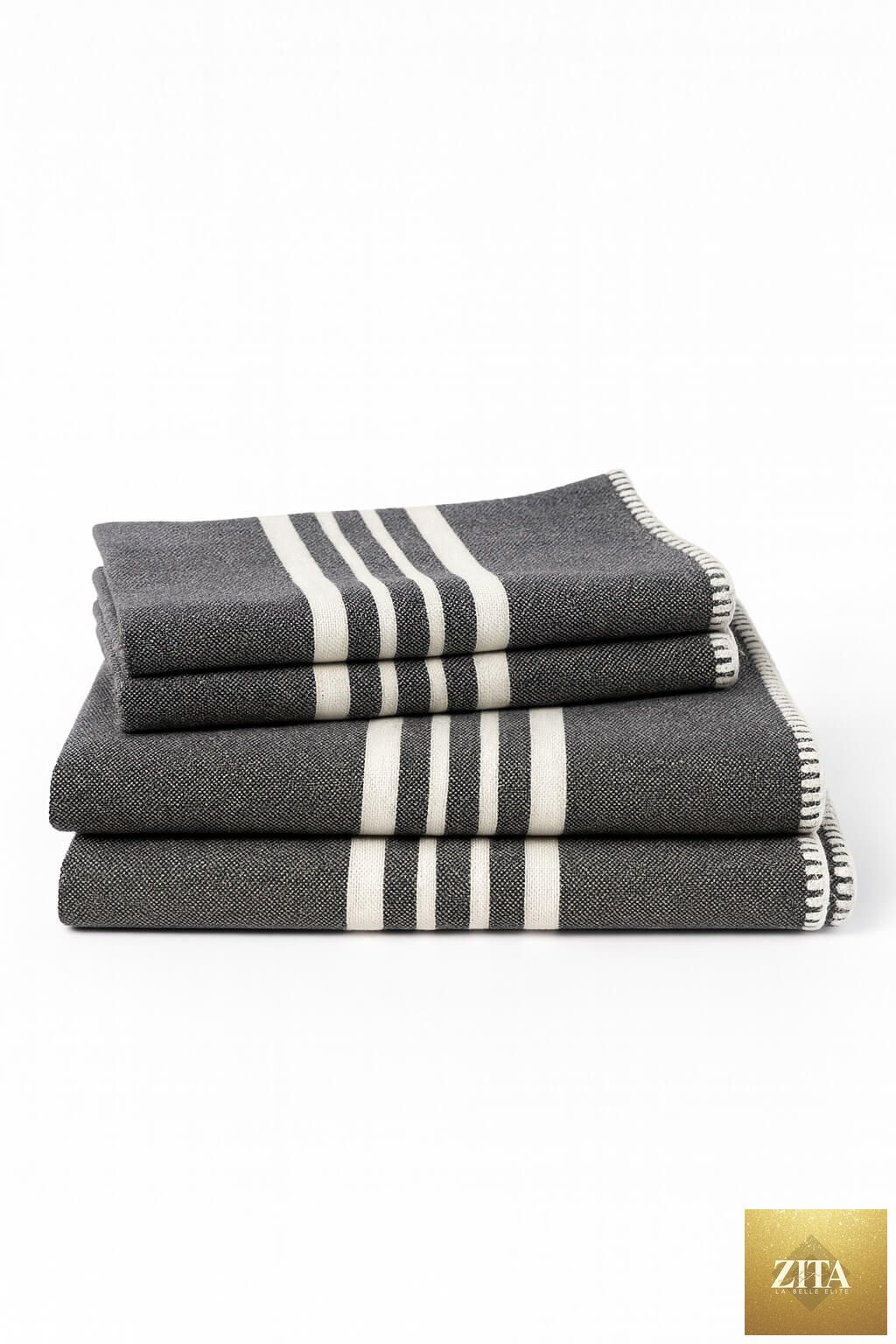 Black Turkish towel bundle from Zita La Belle Elite, soft and absorbent Farm House Turkish Towel without fringe, ideal for beach or bath.