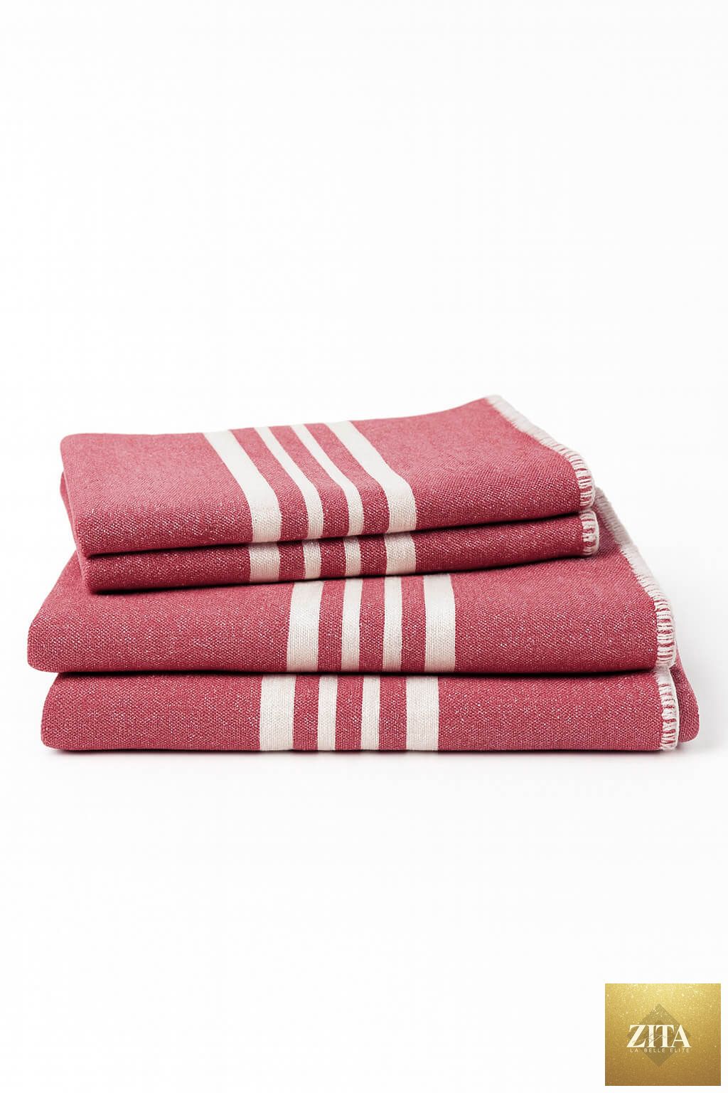 Bundle of burgundy Zita La Belle Elite Turkish towels without fringe, showcasing soft, woven fabric with a classic Turkish design.