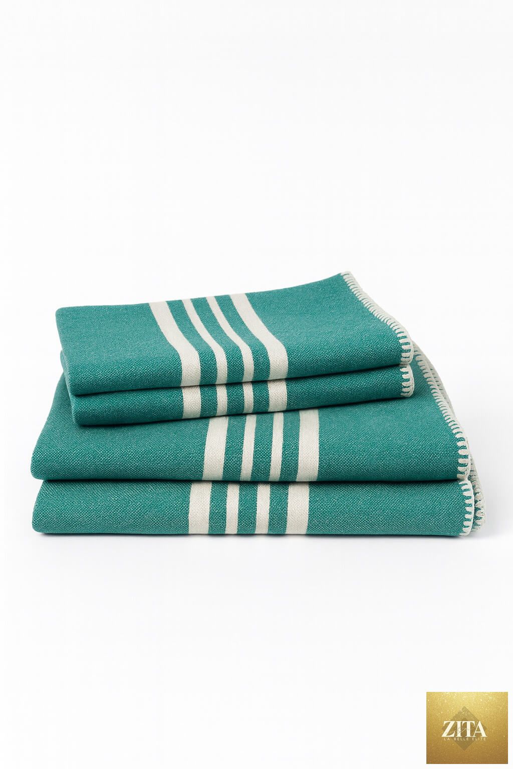 Bundle of green Zita La Belle Elite Turkish farm house towels without fringe, showing soft, woven fabric and traditional design.