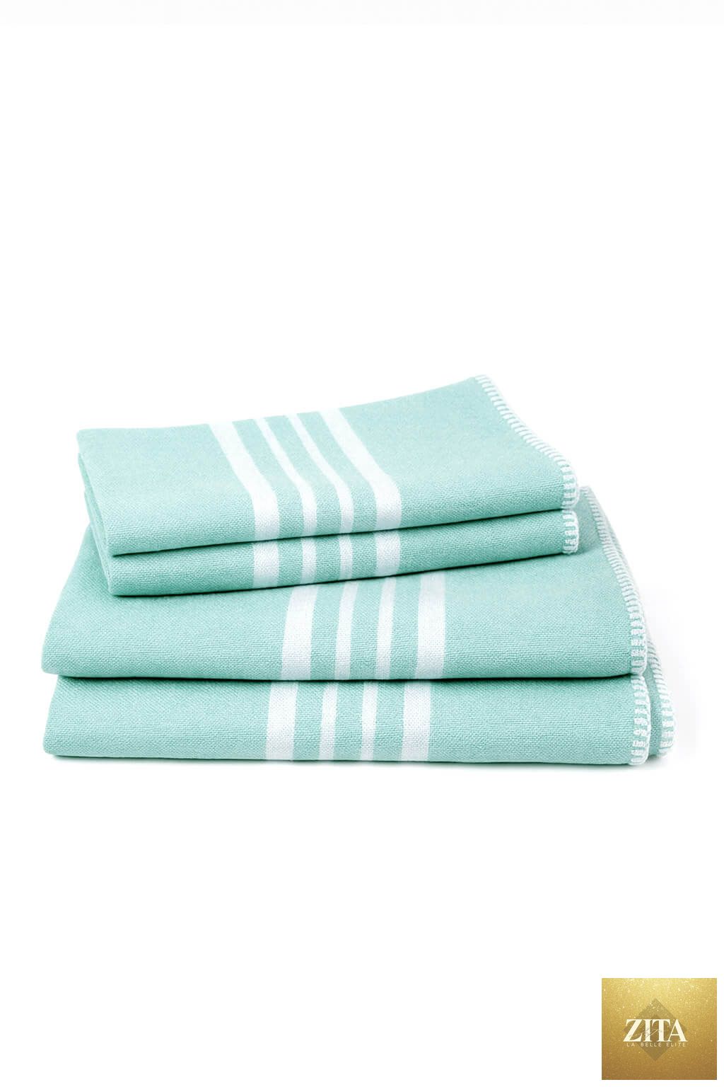 Bundle of mint-colored Farm House Turkish towels by Zita La Belle Elite, featuring soft, lightweight Turkish cotton without fringe.