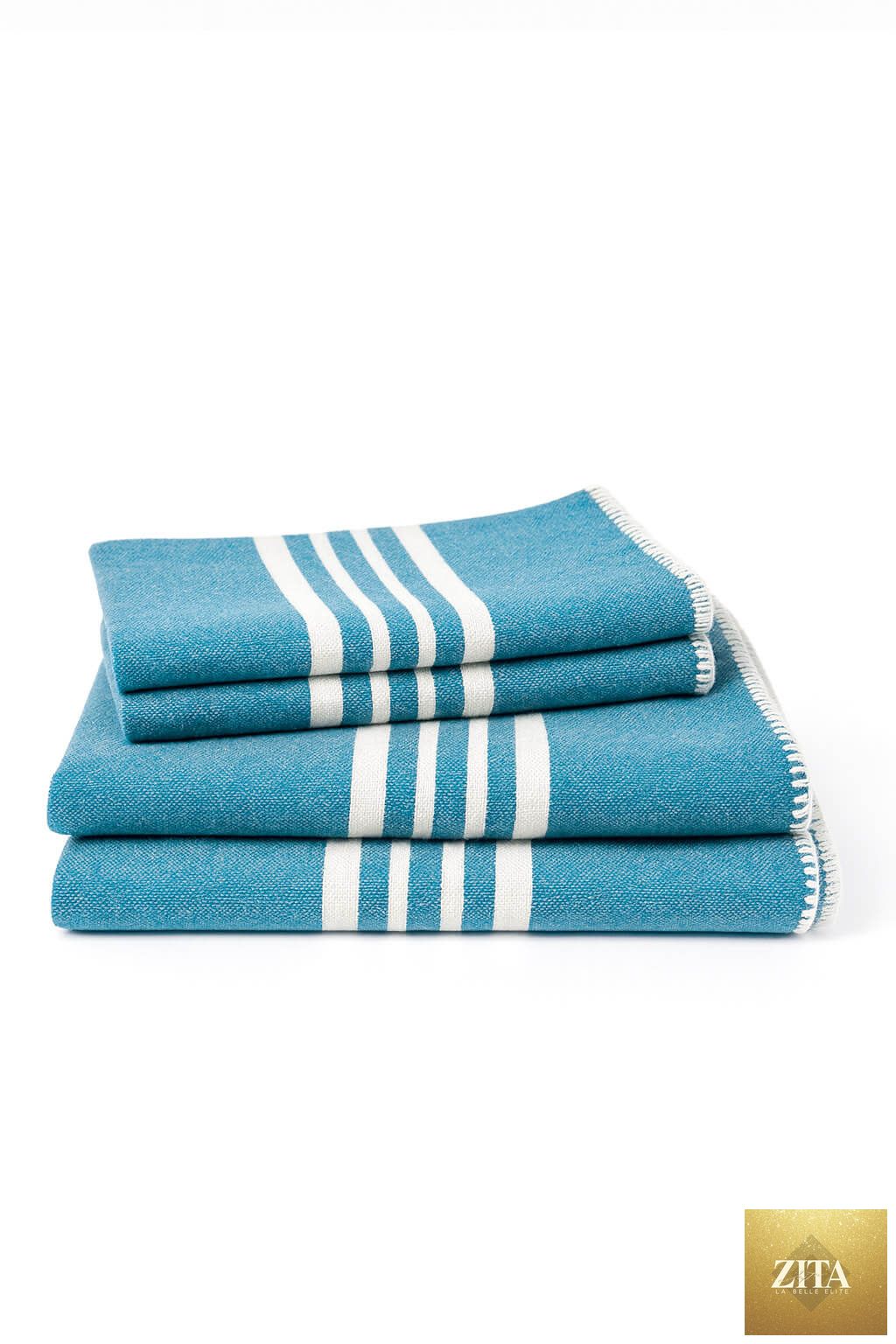 Bundle of Zita La Belle Elite Turkish Farm House Towels in petrol blue without fringe, featuring soft, absorbent cotton fabric.