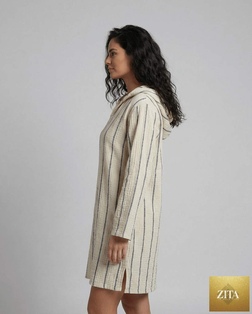 Navy long sleeve poncho beach cover-up by Zita La Belle Elite, lightweight and stylish for casual beachwear.