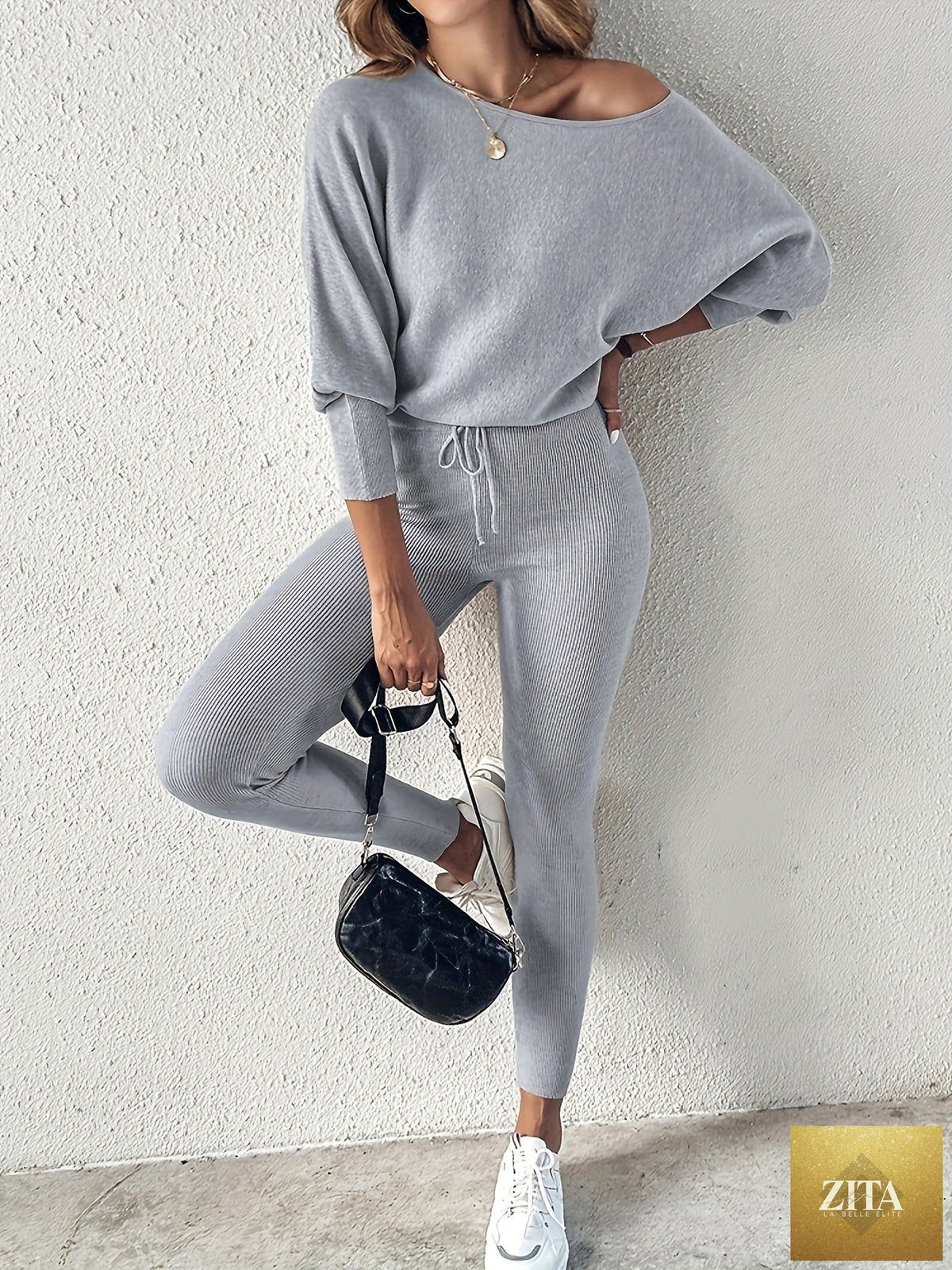 FitiqueFit long-sleeve pullover and high-waist drawstring pants two-piece set, stylish loungewear with a comfortable fit.