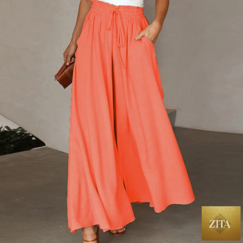 Women's high waist wide leg casual pants by Zita La Belle Elite, shown in a relaxed fit with flowing fabric.