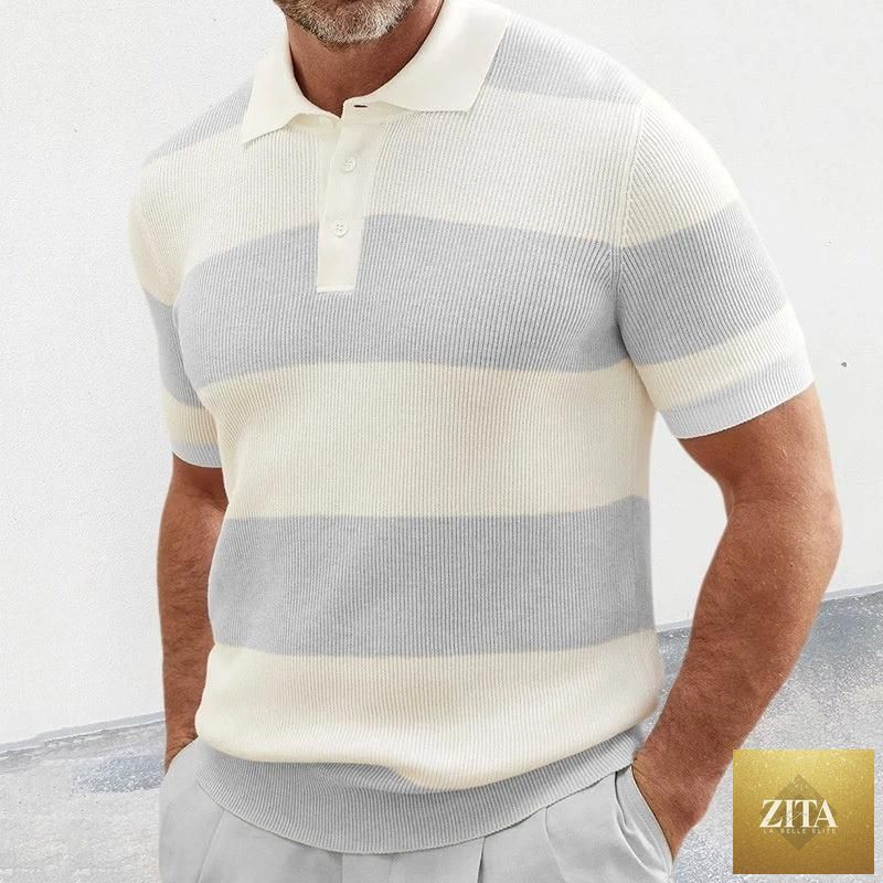 Mandotos men's summer fashion short sleeve sweater with lapel, casual men's clothing for warm weather.