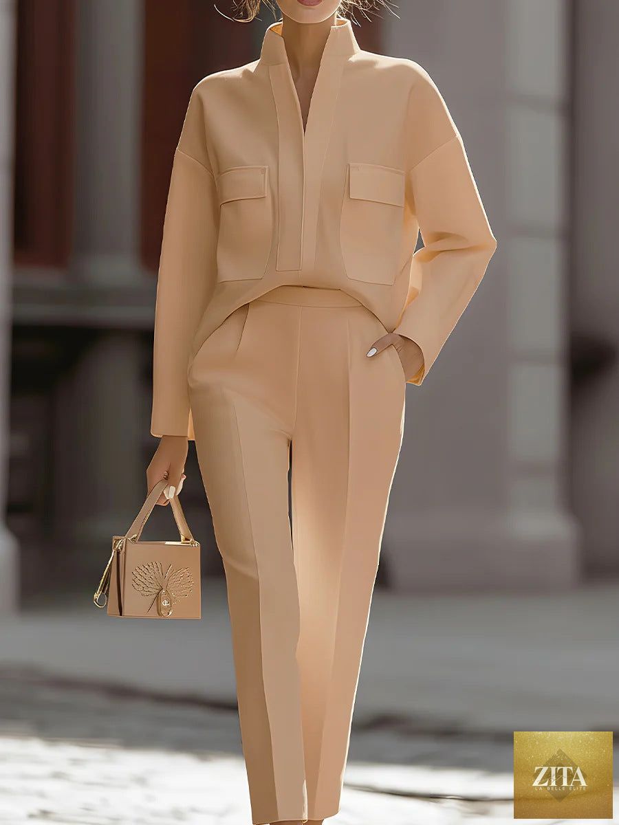 Zita La Belle Elite women's urban commuter two-piece set with long-sleeve top and pants, casualwear, in neutral fabric with pockets.