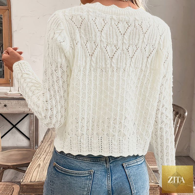 Women's solid color Zita La Belle Elite elegant round neck cardigan top, featuring a classic fit and soft fabric.