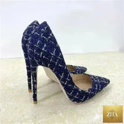Femstylo woven high heels with 12cm stiletto, pointed toe, all-match women's footwear in elegant design.