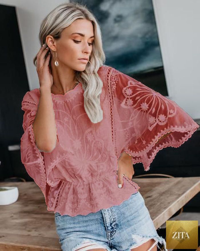 Women’s casual lace trim short sleeve batwing top by FitiqueFit, featuring a relaxed fit and elegant lace details.