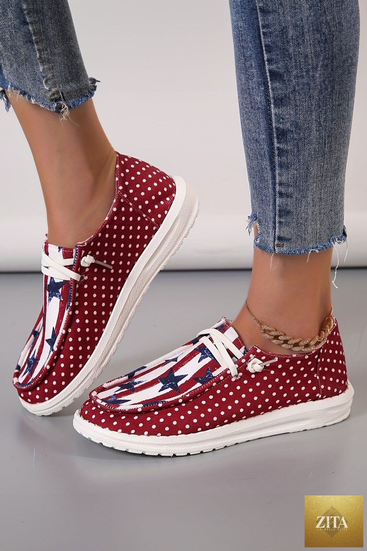 Women's casual shoes by Wild and Free Boutique featuring red polka dots, stars, and stripes for a festive Independence Day look.