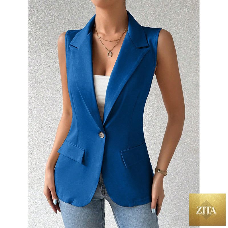 Women's sleeveless blazer vest by FitiqueFit, casual open-front work office top, stylish and versatile casualwear jacket.