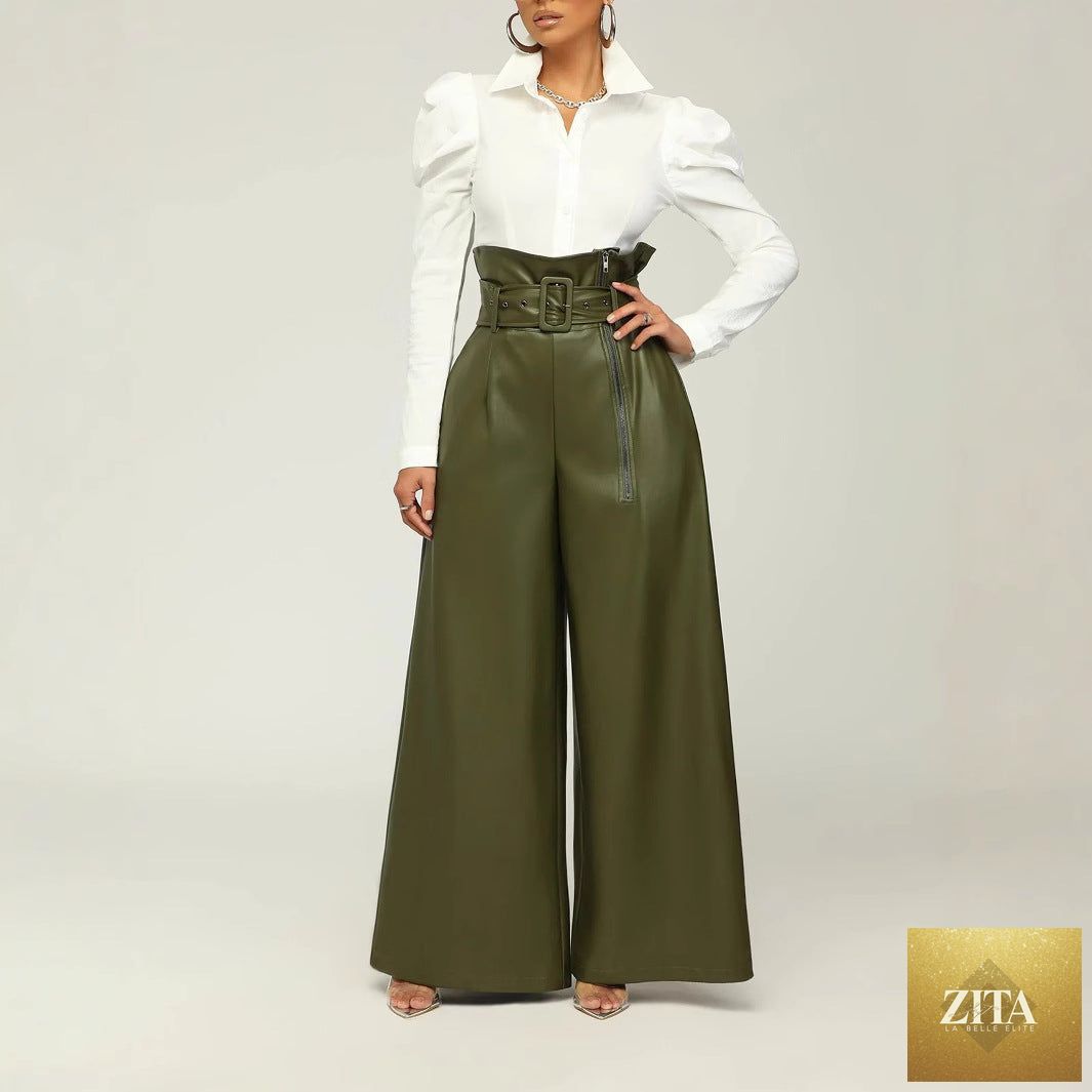 Women's high-waist PU leather wide-leg pants with metallic belt, stylish and trendy by FitiqueFit.