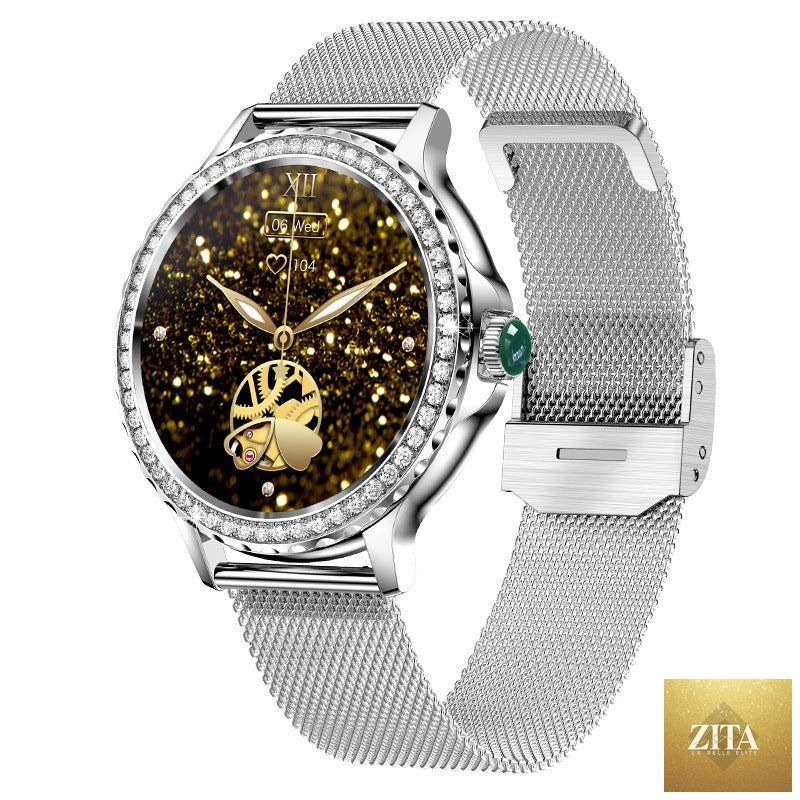 Mandotos Bluetooth calling smart fitness bracelet with waterproof watch face and diamond accents, digital display and fitness tracking.